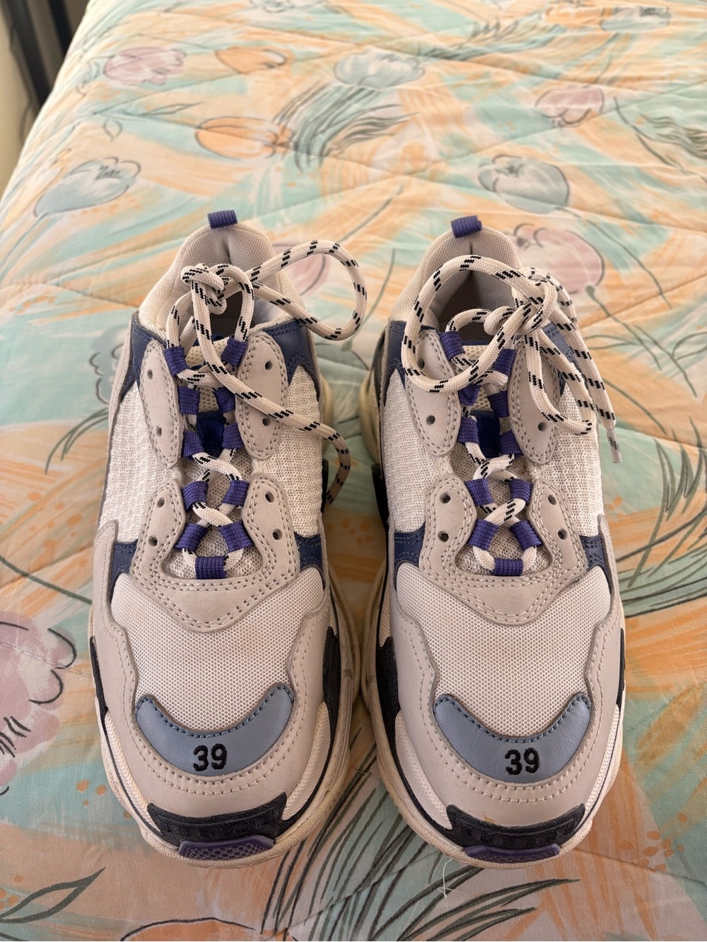 Balenciaga White and Purple Triple S Sneakers